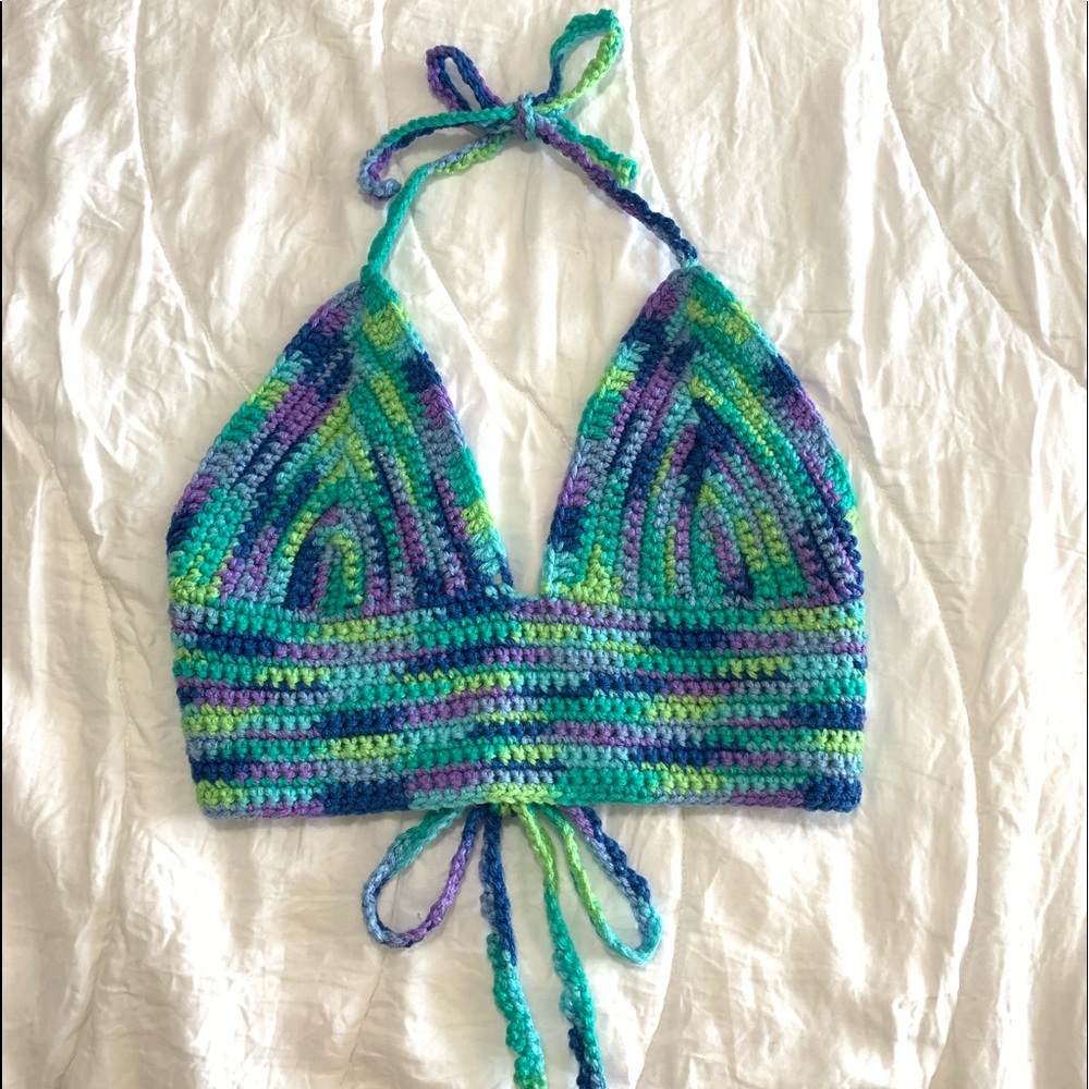 Handmade Crochet Halter Crop Top in Blue-Green-Purple